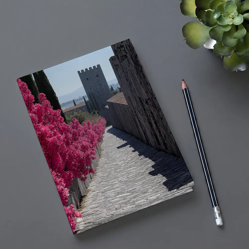 Medieval Castle Tower Pink Bougainvillea Pathway – Notebooks