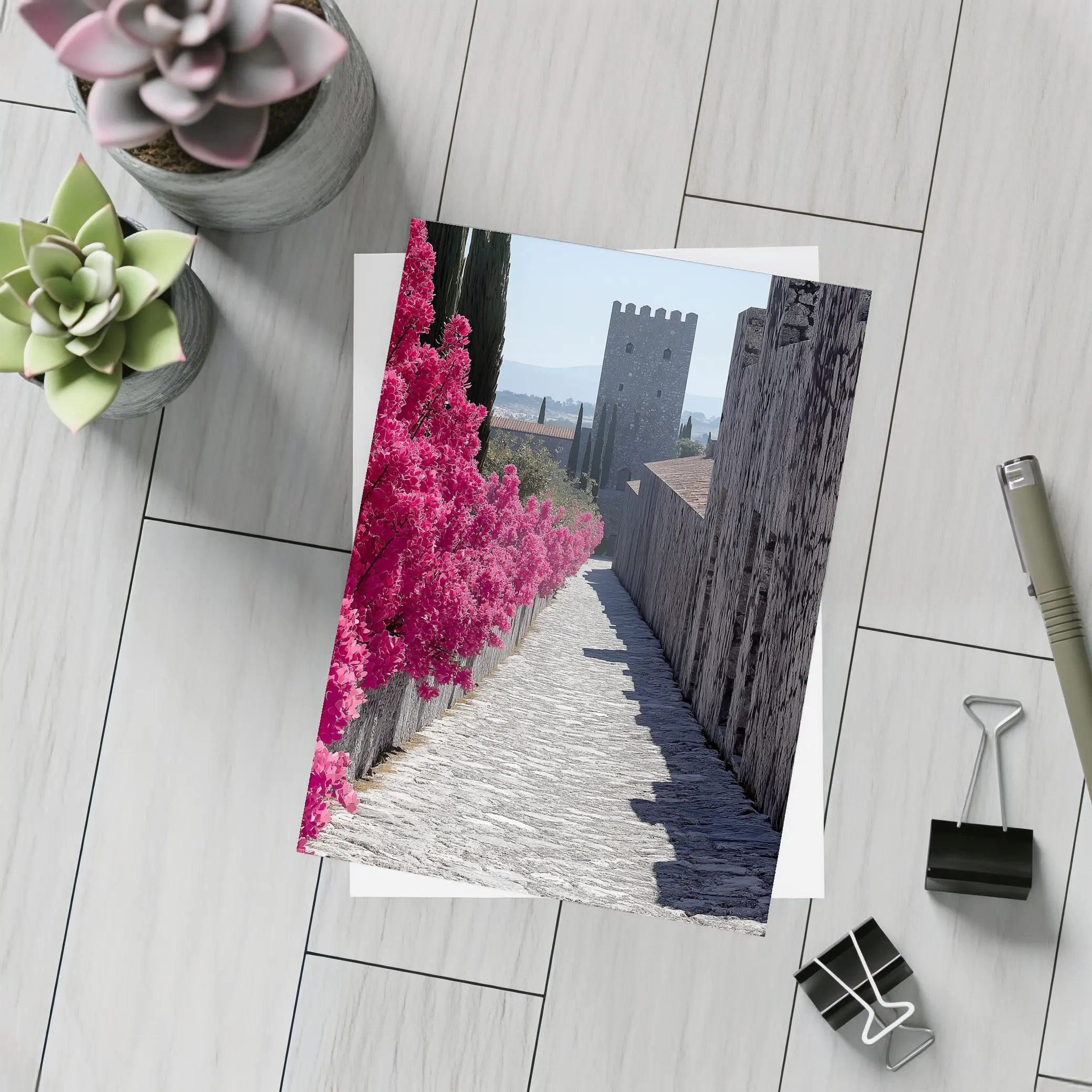 Medieval Castle Tower Pink Bougainvillea Pathway – Postcards