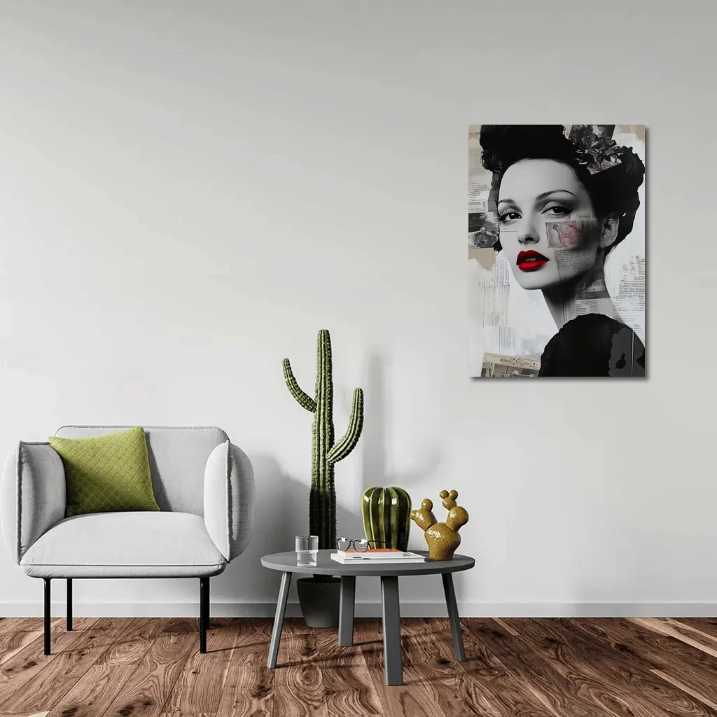 Retro Woman Collage Art Black White Red – Wall Art