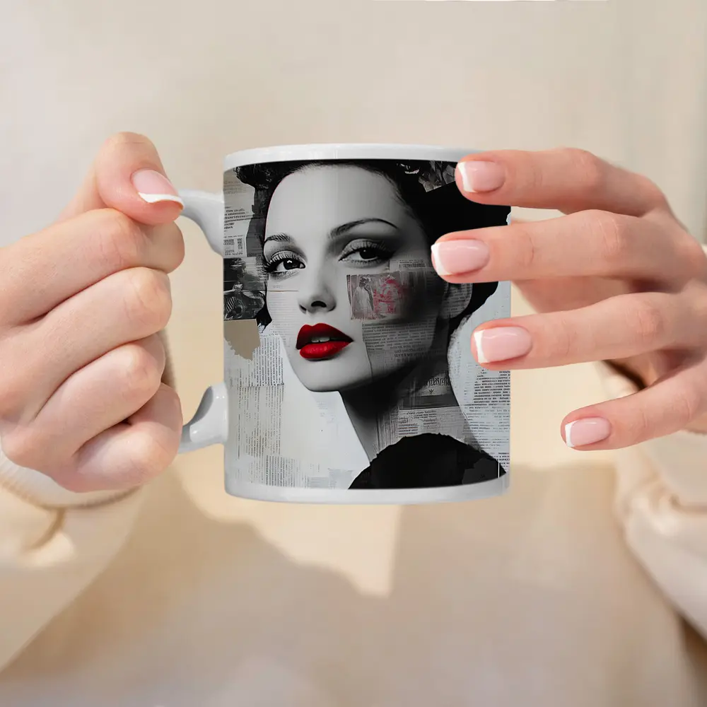 Retro Woman Collage Art Black White Red – Mugs