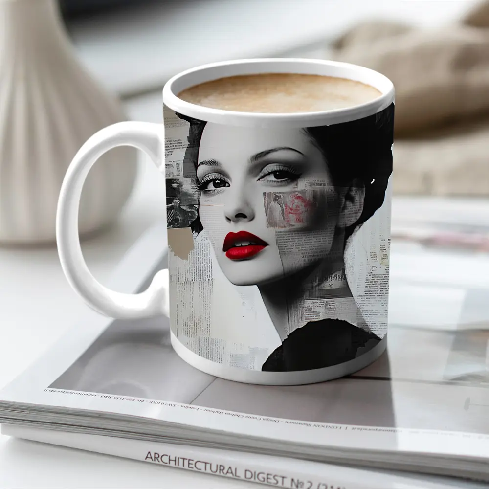 Retro Woman Collage Art Black White Red – Mugs