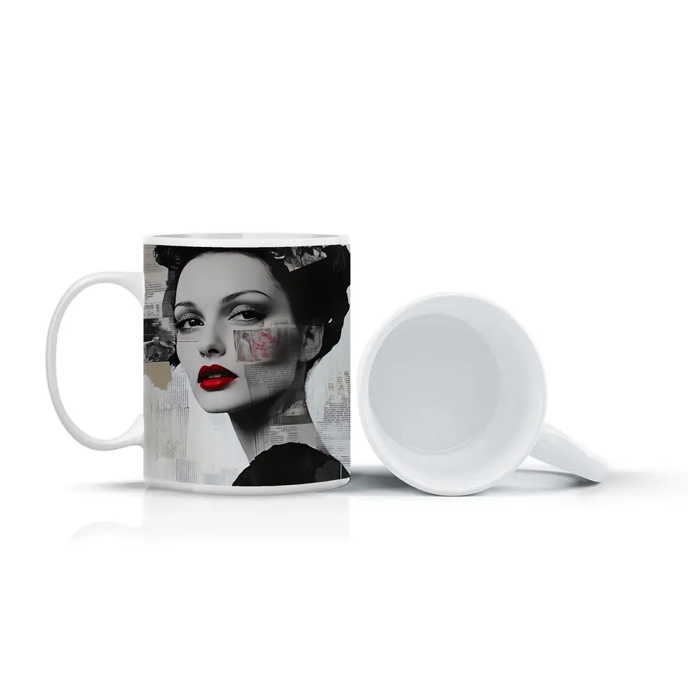 Retro Woman Collage Art Black White Red – Mugs