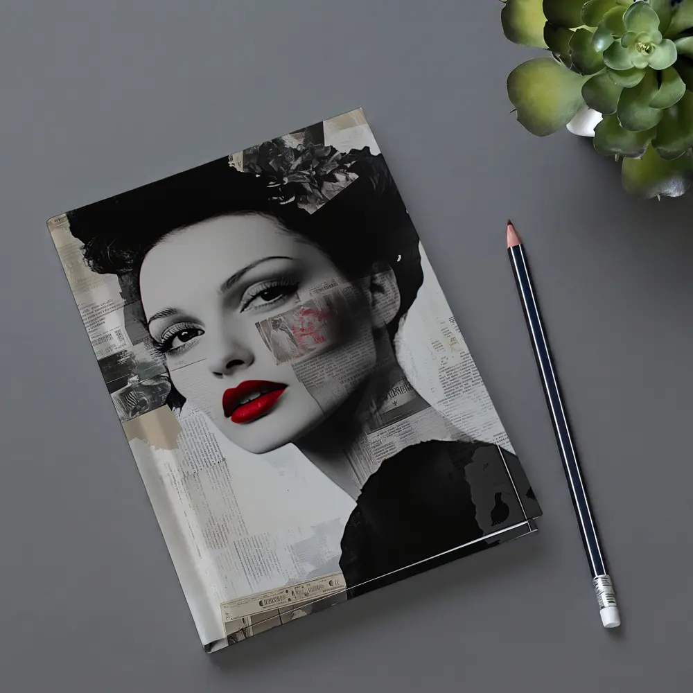 Retro Woman Collage Art Black White Red – Notebooks