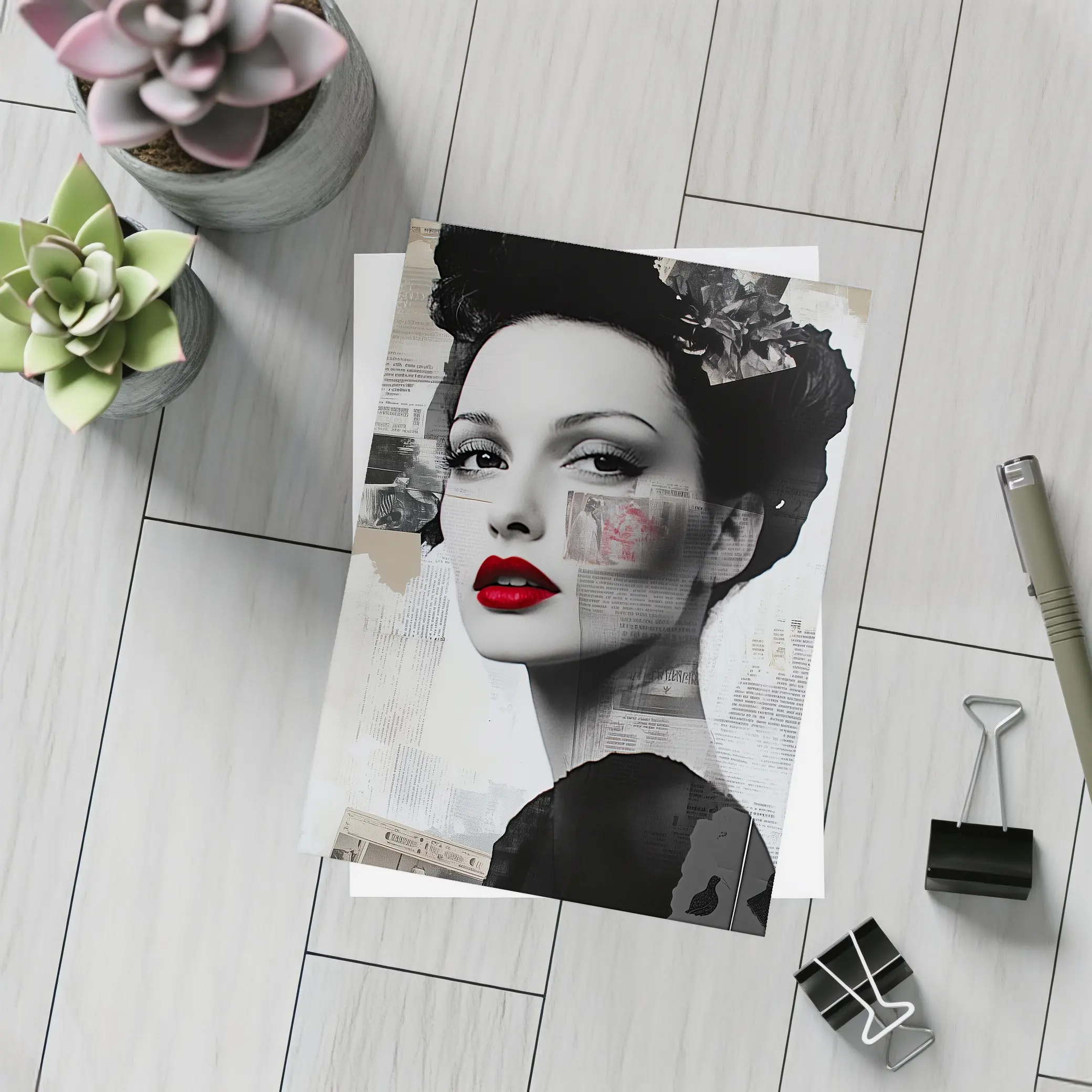 Retro Woman Collage Art Black White Red – Postcards