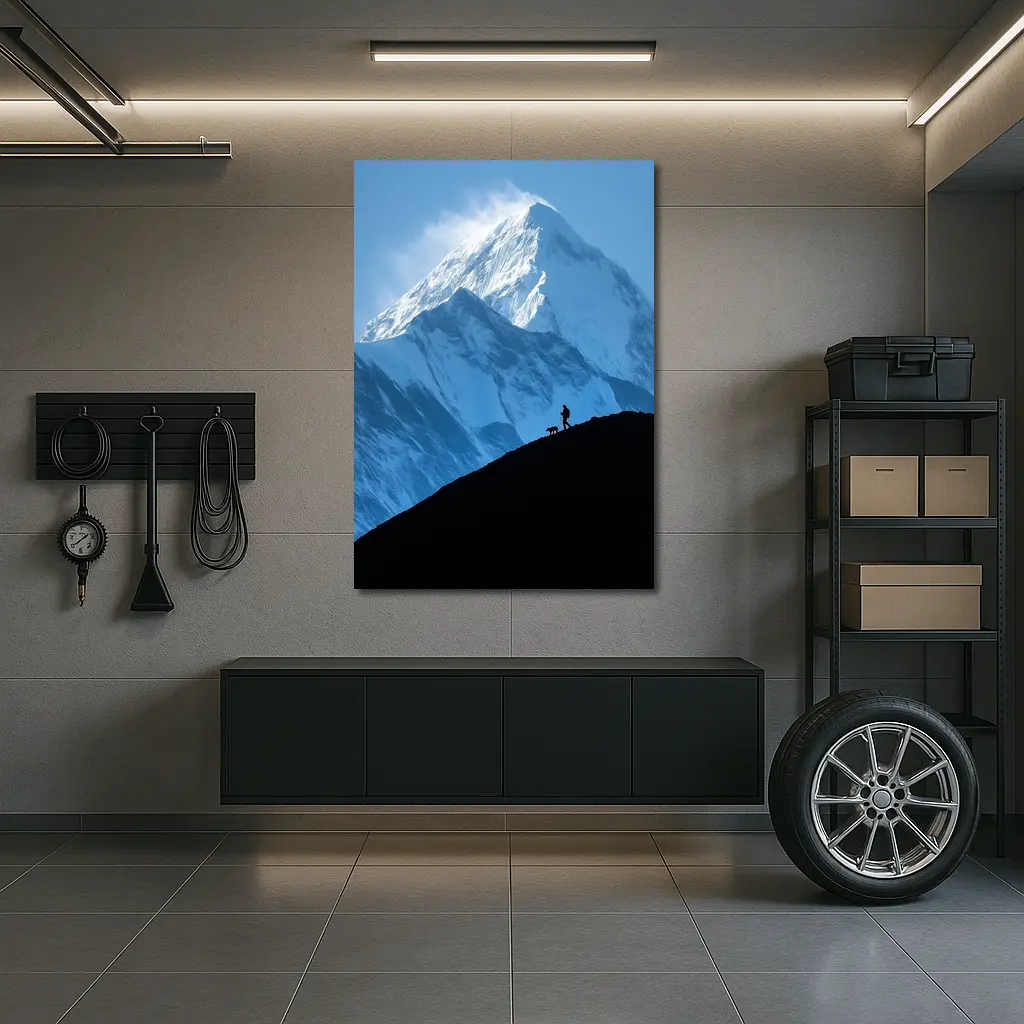 Hiker Silhouette Snow Mountain Blue Sky – Wall Art