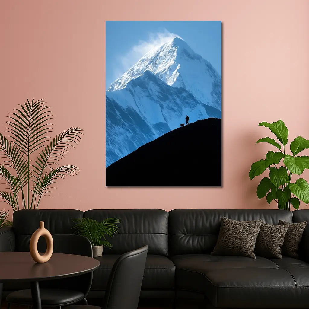 Hiker Silhouette Snow Mountain Blue Sky – Wall Art