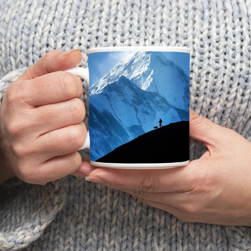 Hiker Silhouette Snow Mountain Blue Sky – Mugs