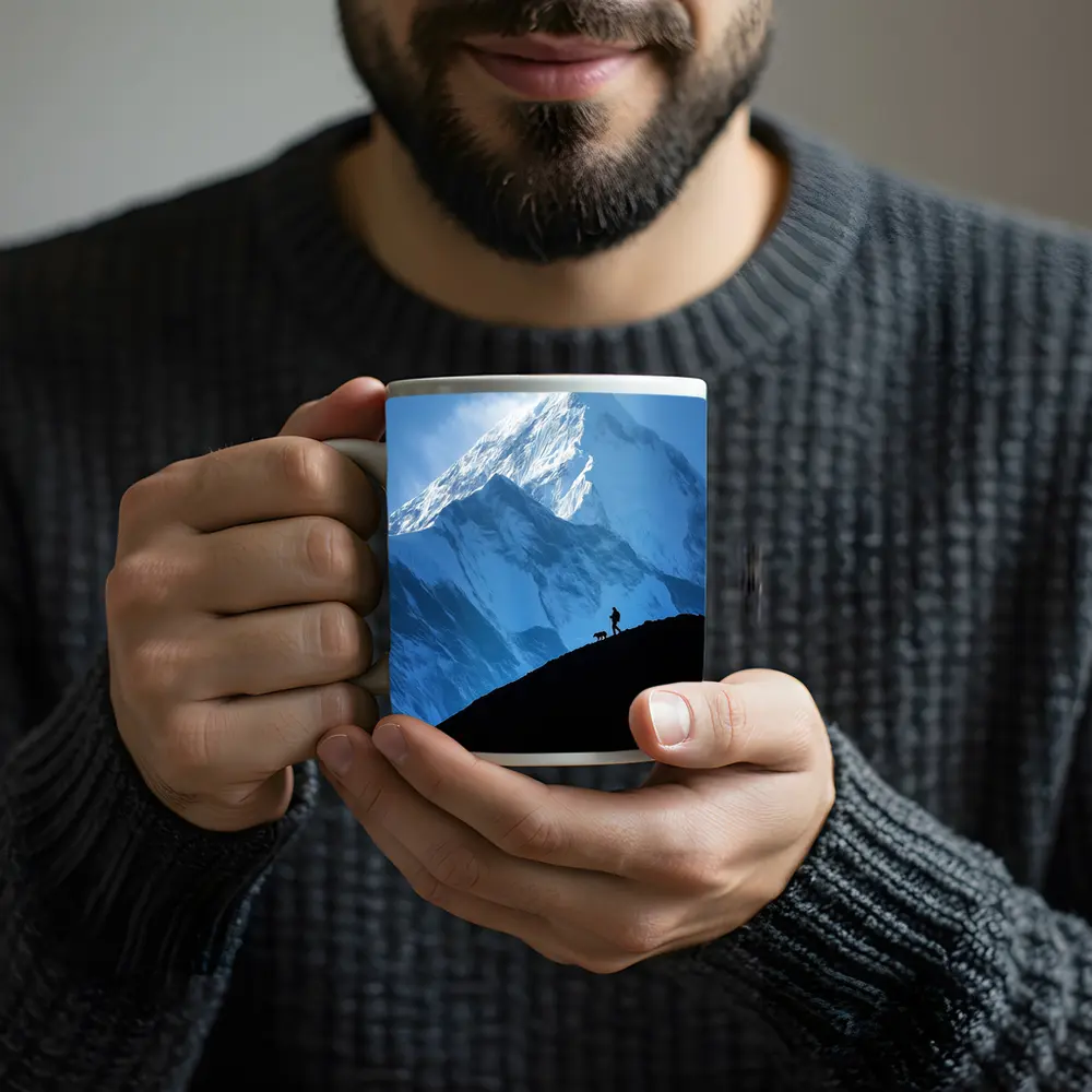 Hiker Silhouette Snow Mountain Blue Sky – Mugs