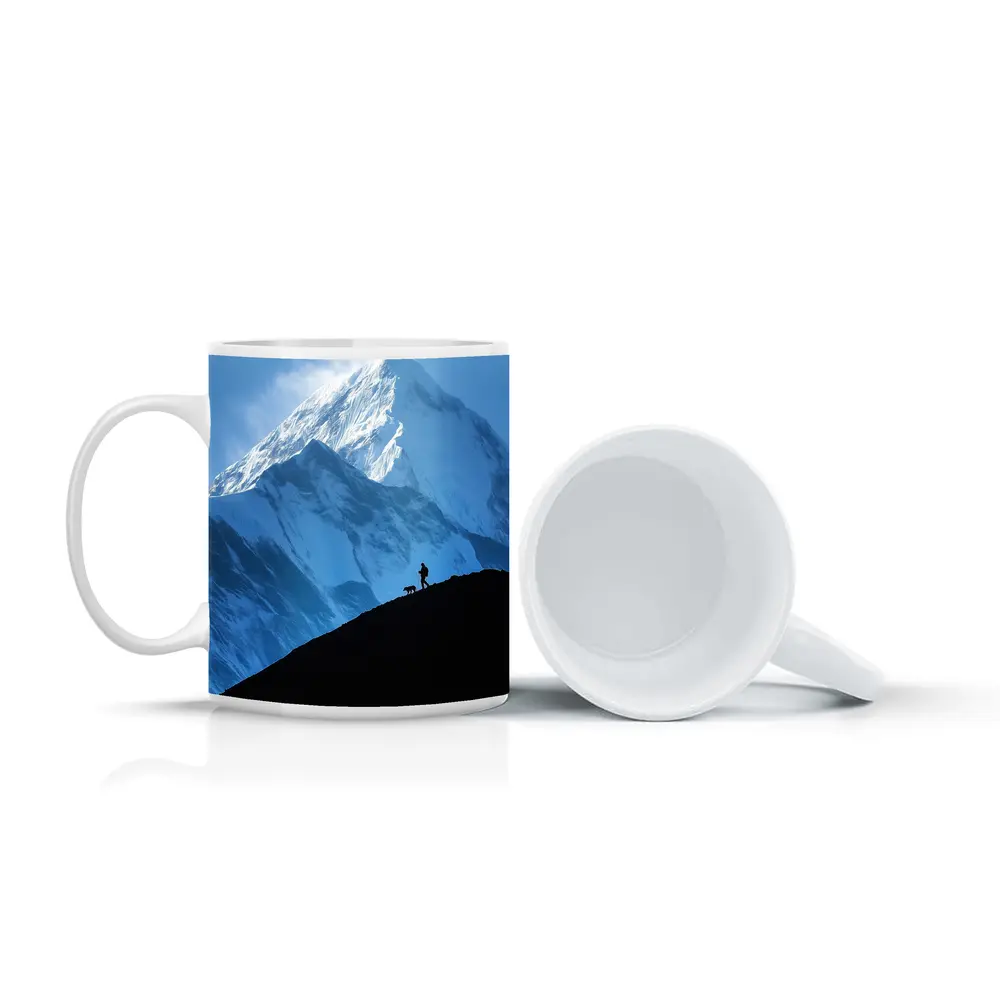 Hiker Silhouette Snow Mountain Blue Sky – Mugs
