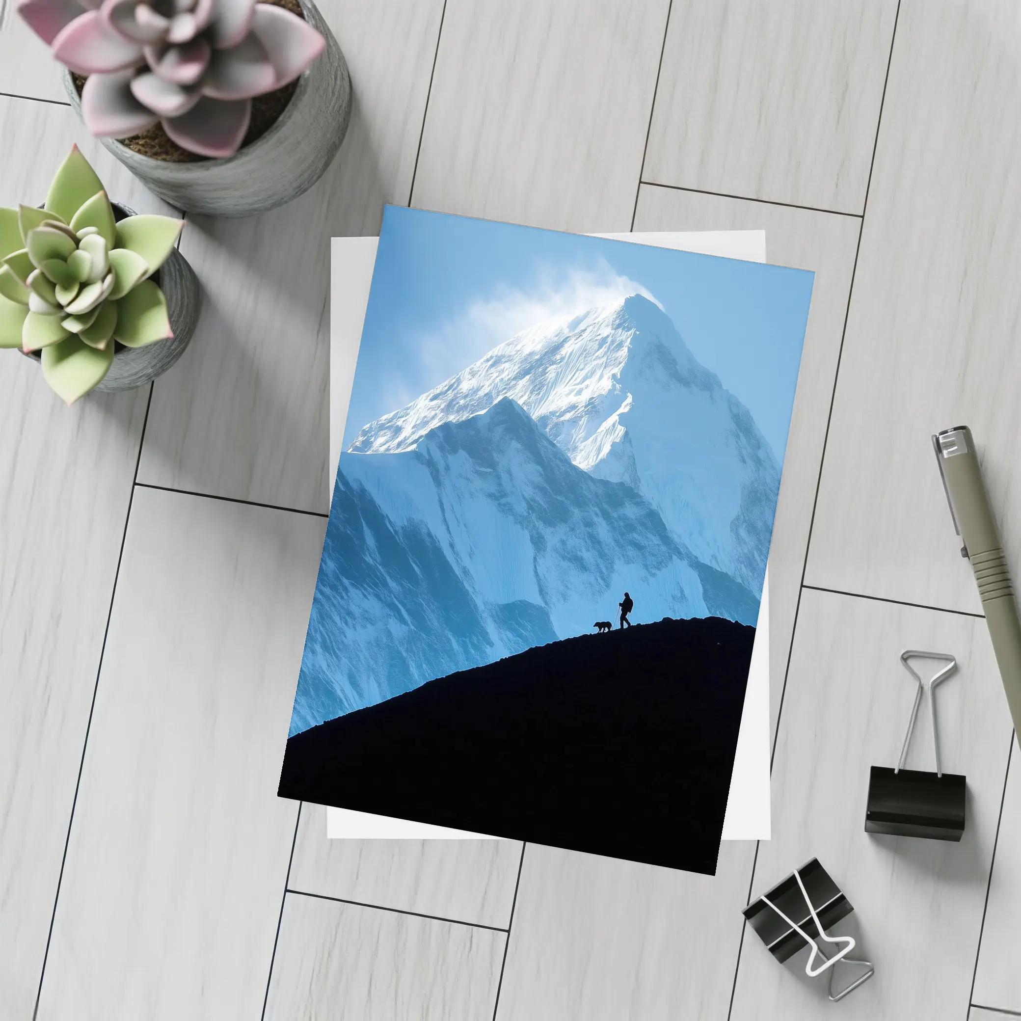 Hiker Silhouette Snow Mountain Blue Sky – Postcards