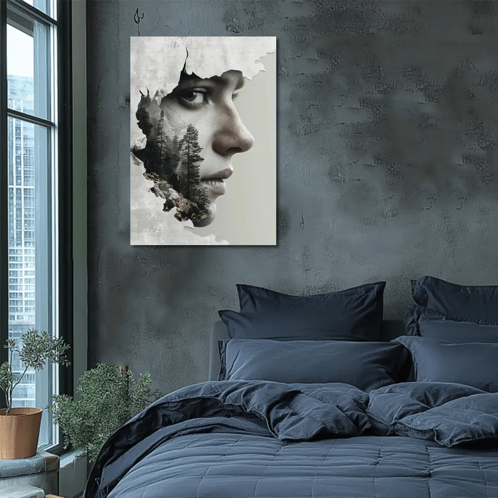 Woman Face Double Exposure Forest Mountains – Wall Art