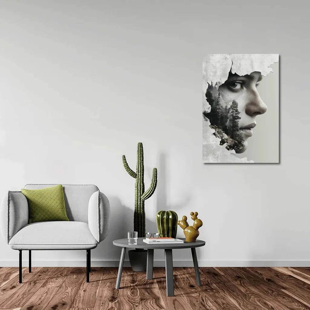 Woman Face Double Exposure Forest Mountains – Wall Art