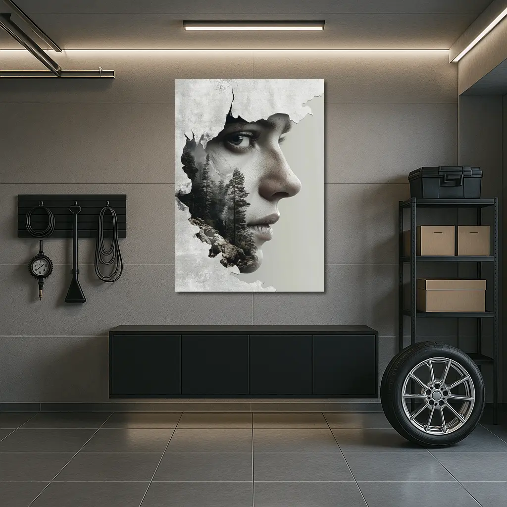Woman Face Double Exposure Forest Mountains – Wall Art