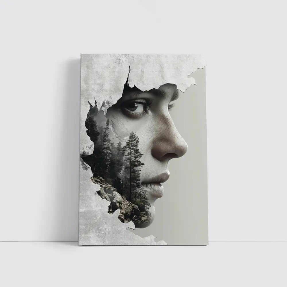 Woman Face Double Exposure Forest Mountains – Wall Art