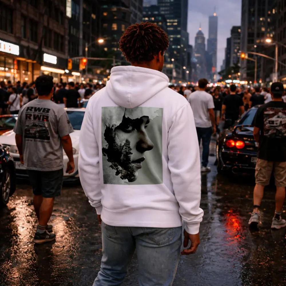Woman Face Double Exposure Forest Mountains – Hoodies