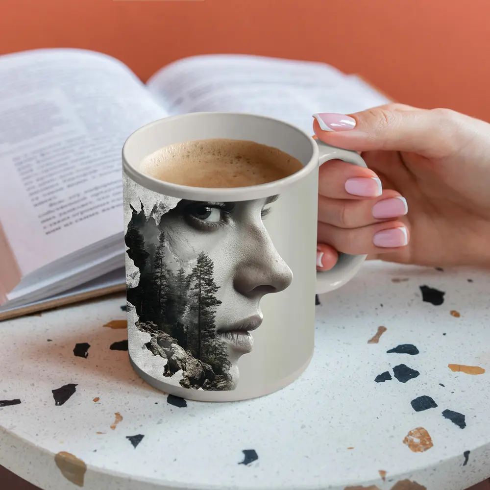 Woman Face Double Exposure Forest Mountains – Mugs