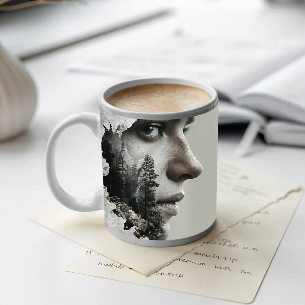 Woman Face Double Exposure Forest Mountains – Mugs