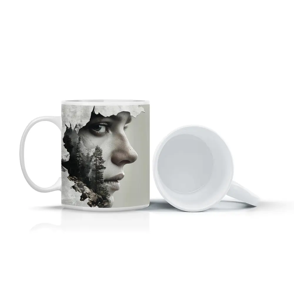 Woman Face Double Exposure Forest Mountains – Mugs