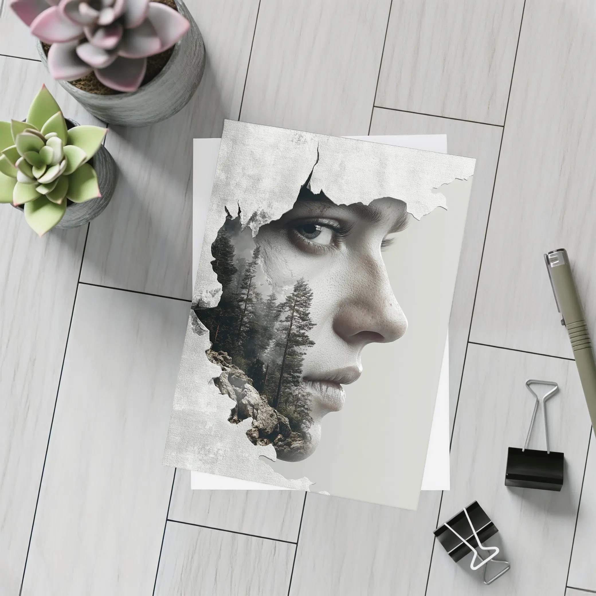 Woman Face Double Exposure Forest Mountains – Postcards