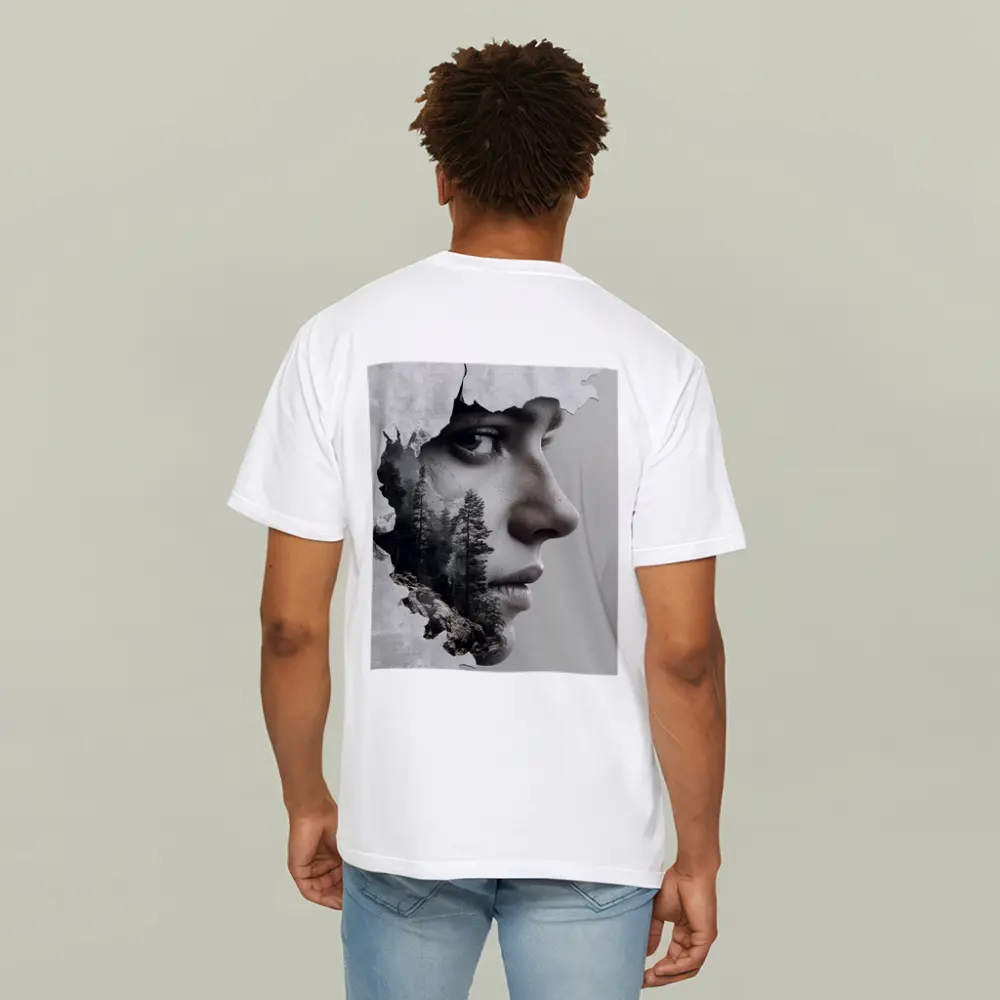 Woman Face Double Exposure Forest Mountains – T-Shirts