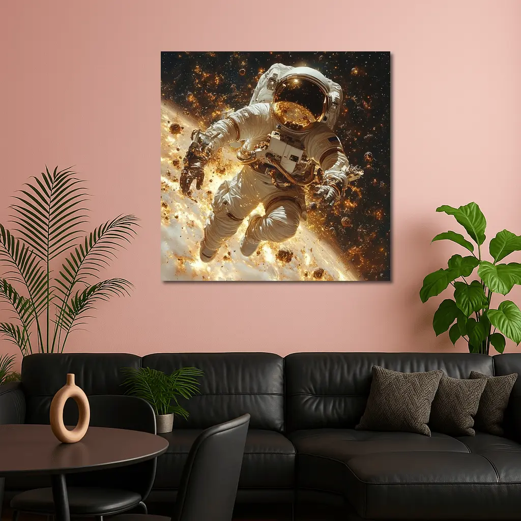 Astronaut Floating Through Golden Space Debris – Wall Art
