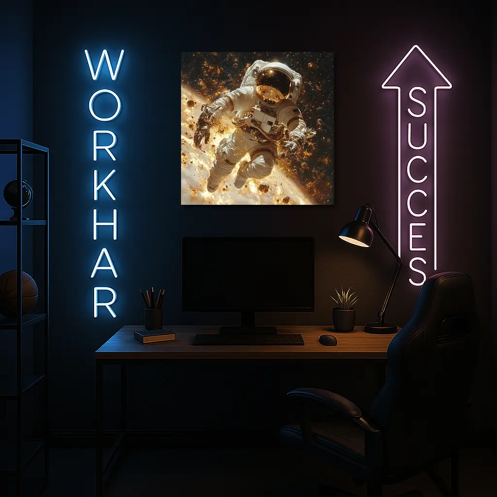 Astronaut Floating Through Golden Space Debris – Wall Art