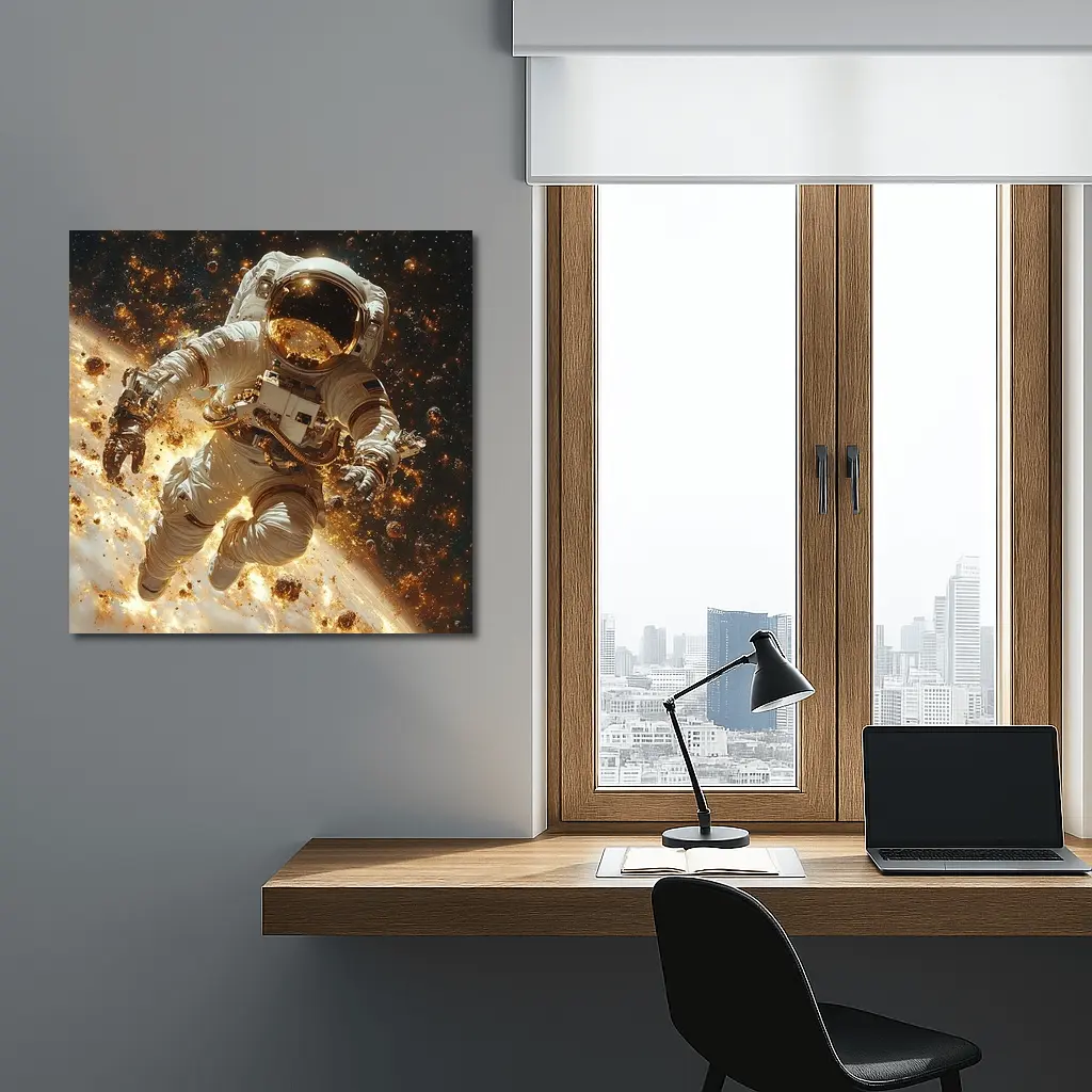 Astronaut Floating Through Golden Space Debris – Wall Art
