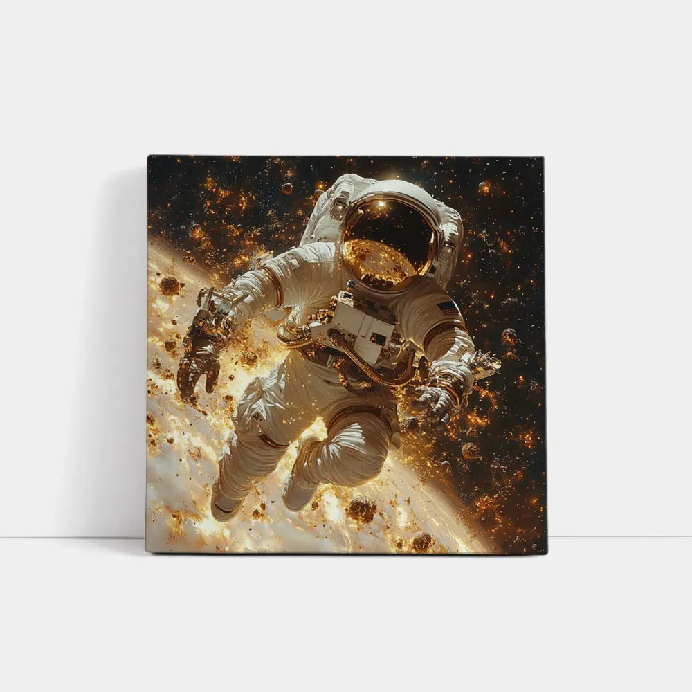 Astronaut Floating Through Golden Space Debris – Wall Art