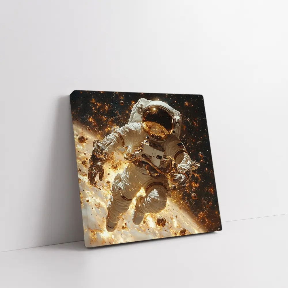 Astronaut Floating Through Golden Space Debris – Wall Art