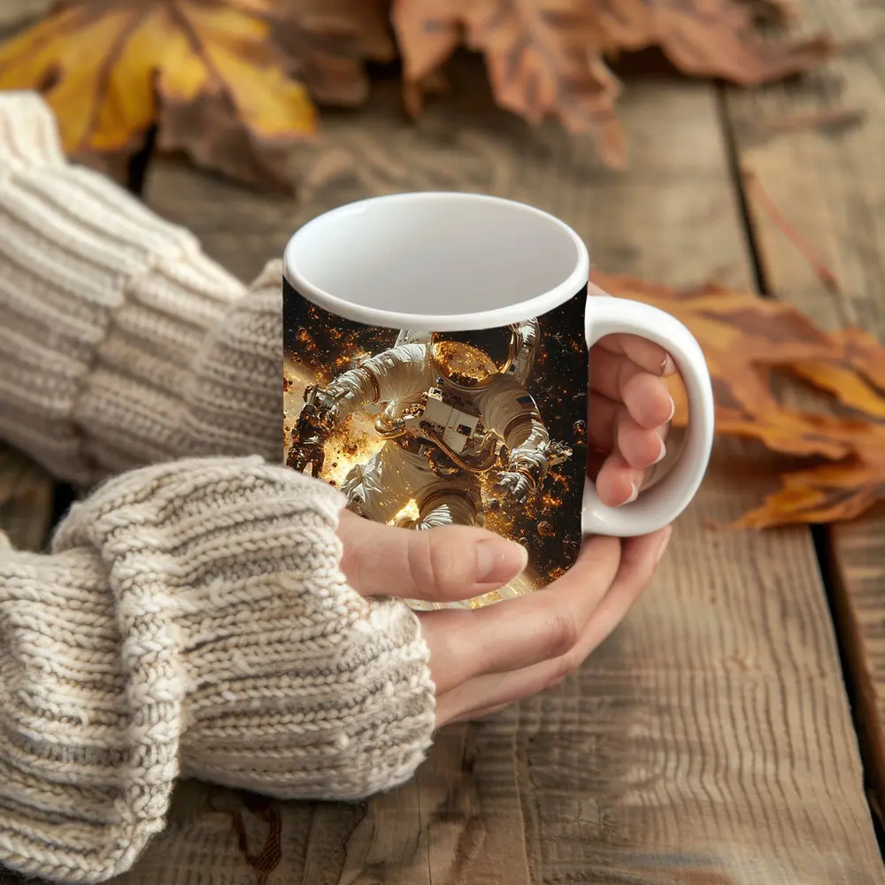 Astronaut Floating Through Golden Space Debris – Mugs