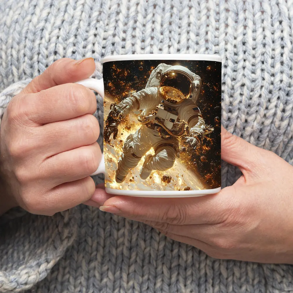 Astronaut Floating Through Golden Space Debris – Mugs