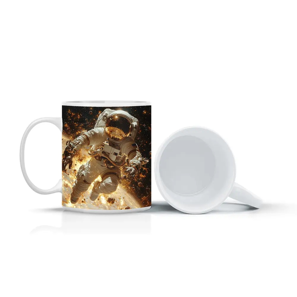 Astronaut Floating Through Golden Space Debris – Mugs