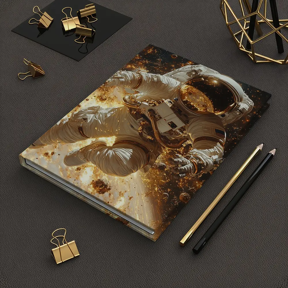 Astronaut Floating Through Golden Space Debris – Notebooks