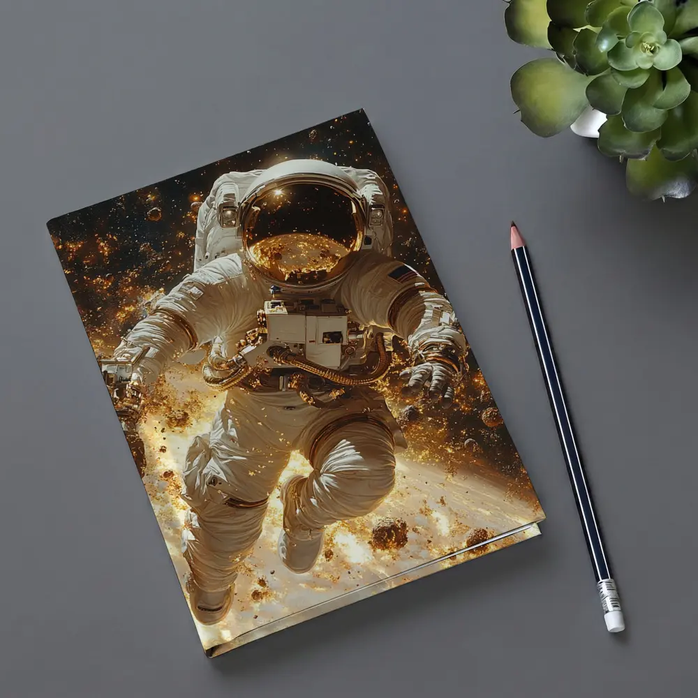 Astronaut Floating Through Golden Space Debris – Notebooks