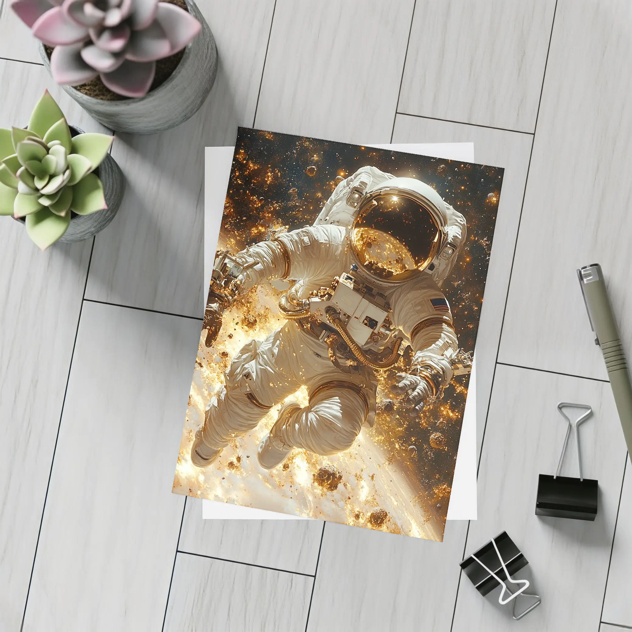 Astronaut Floating Through Golden Space Debris – Postcards