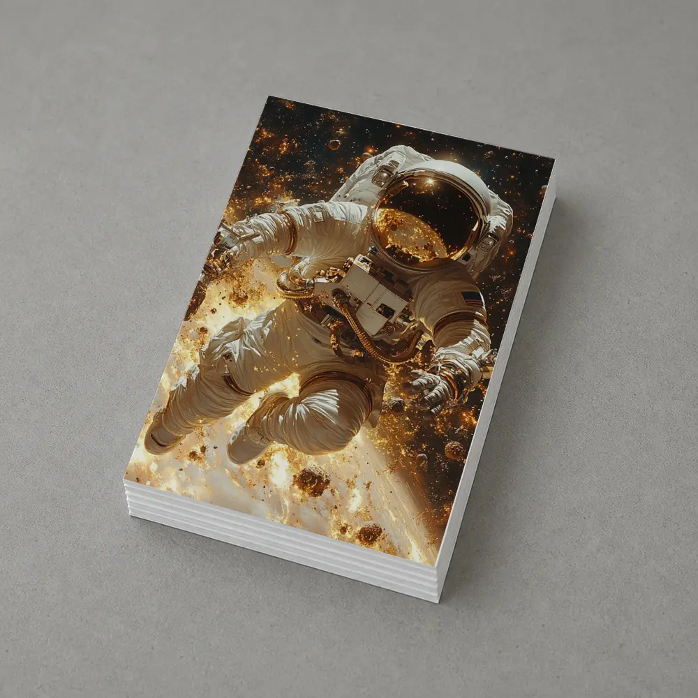 Astronaut Floating Through Golden Space Debris – Postcards