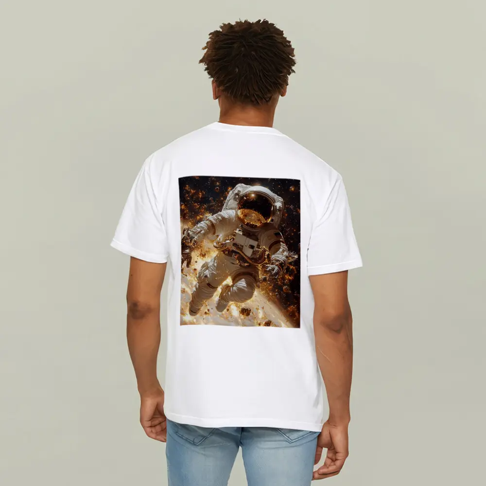 Astronaut Floating Through Golden Space Debris – T-Shirts