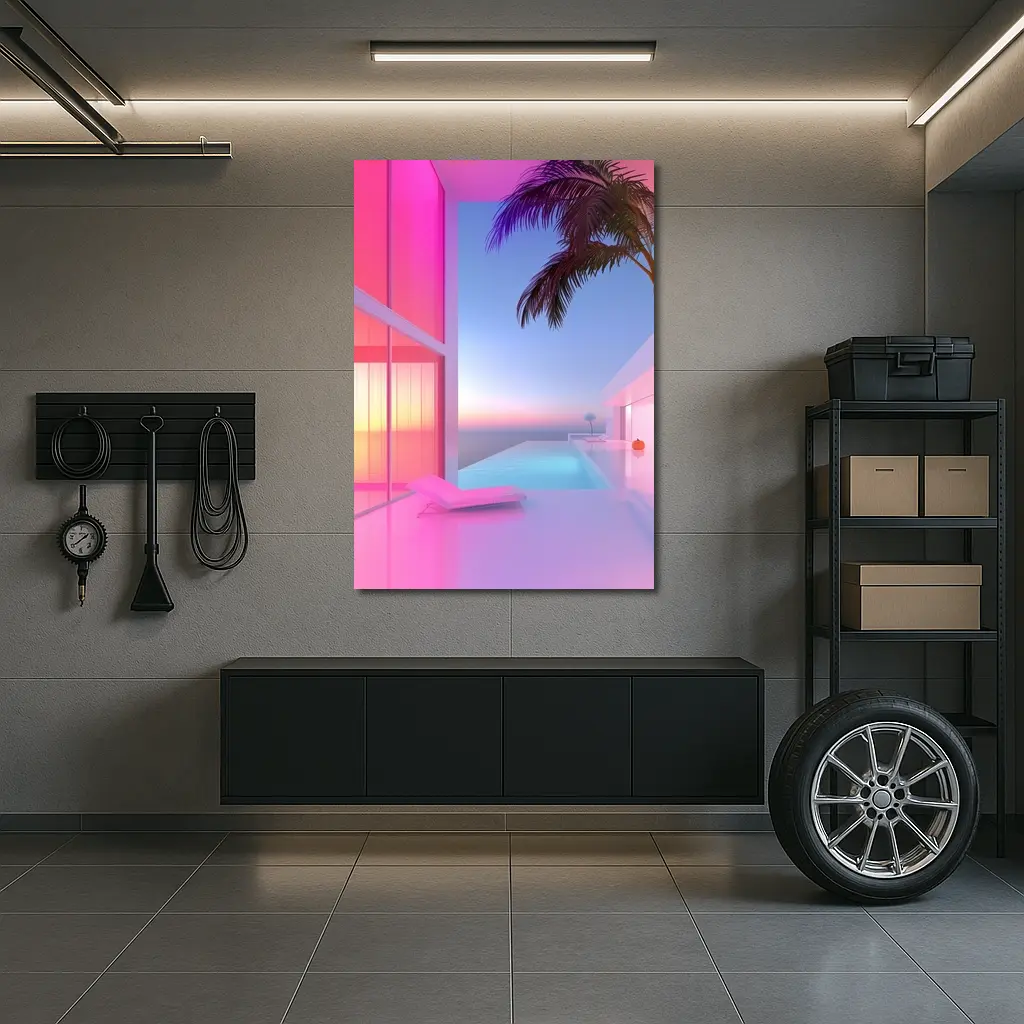 Pink Neon Infinity Pool Sunset Architecture – Wall Art