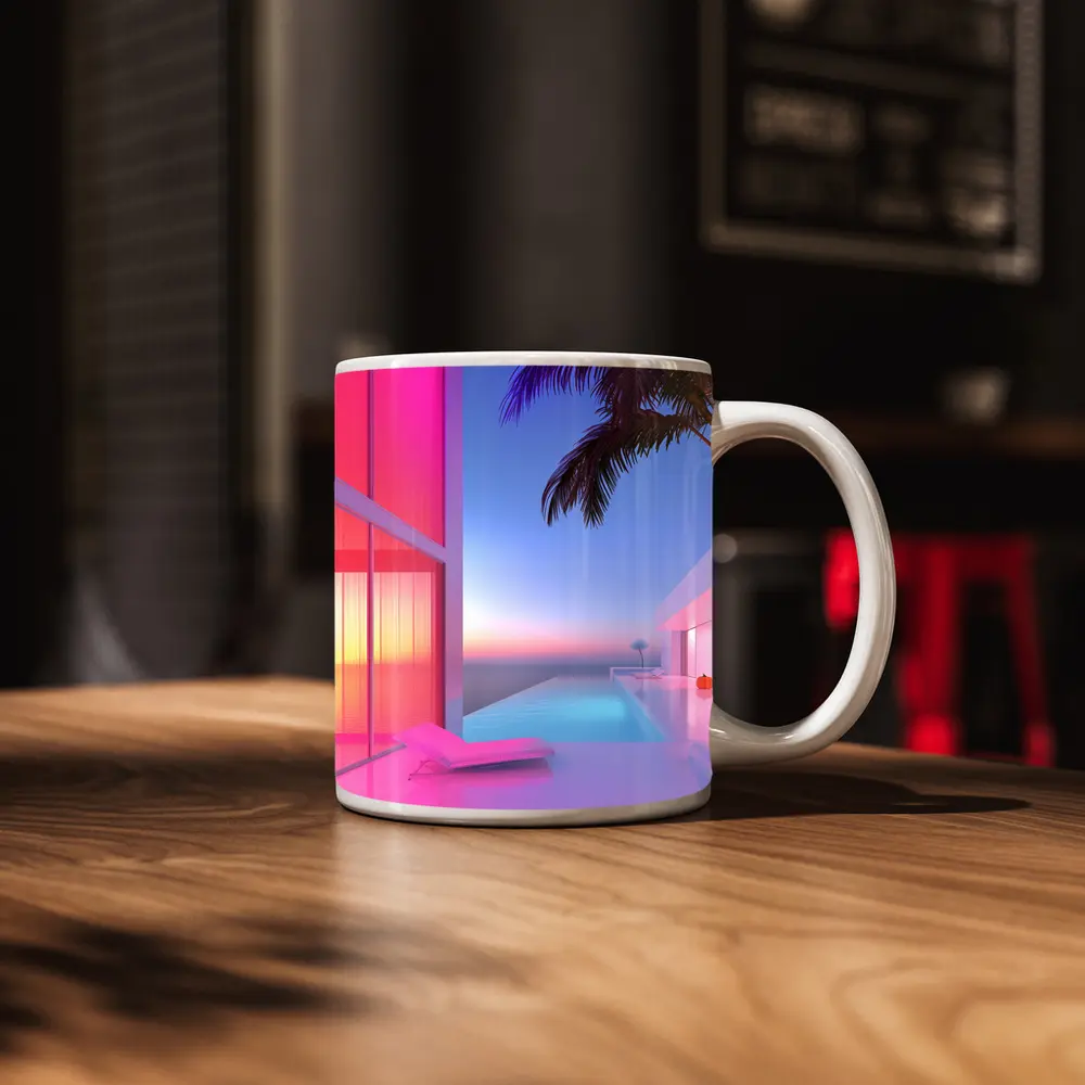 Pink Neon Infinity Pool Sunset Architecture – Mugs
