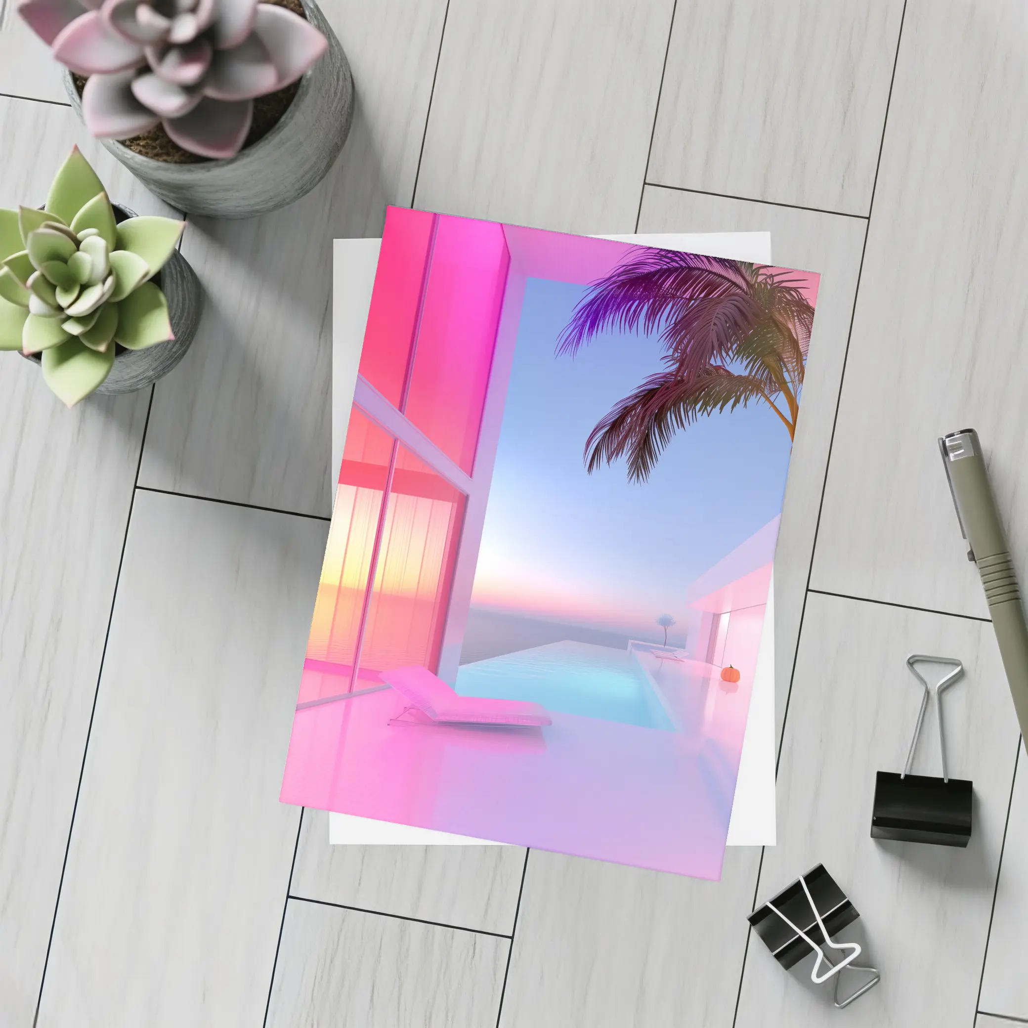 Pink Neon Infinity Pool Sunset Architecture – Postcards