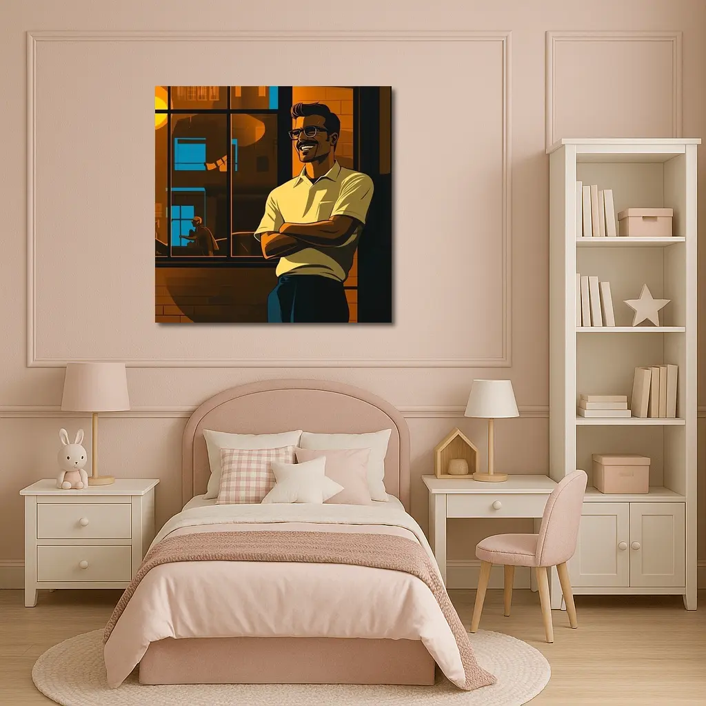 Confident Smiling Man Urban Night Scene – Wall Art