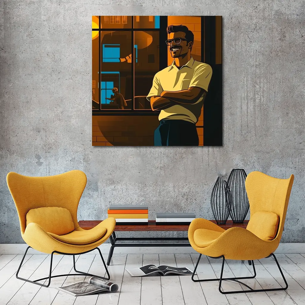 Confident Smiling Man Urban Night Scene – Wall Art