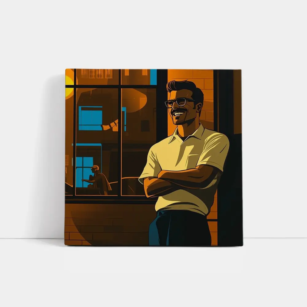 Confident Smiling Man Urban Night Scene – Wall Art