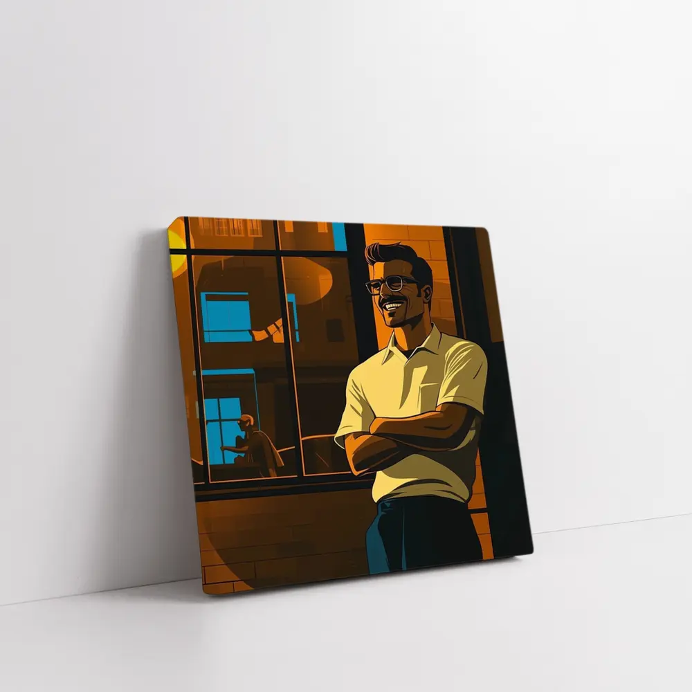 Confident Smiling Man Urban Night Scene – Wall Art