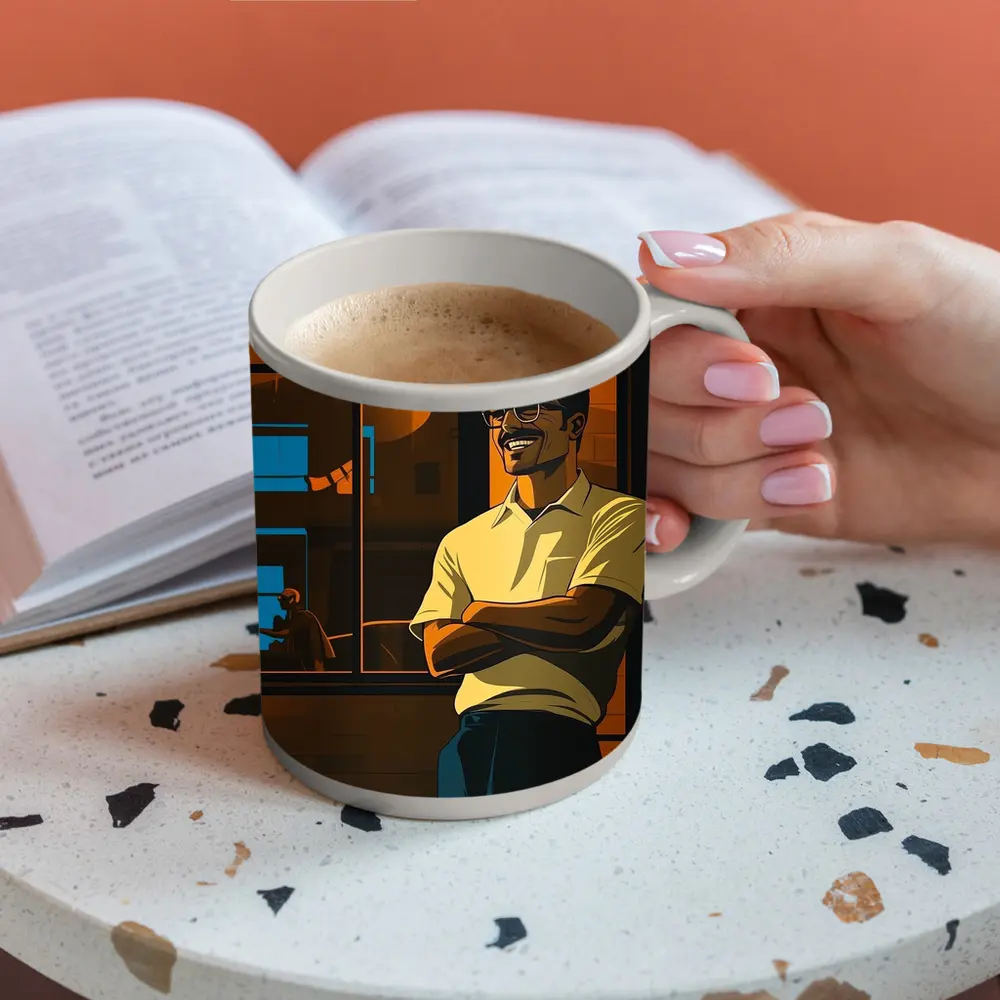 Confident Smiling Man Urban Night Scene – Mugs