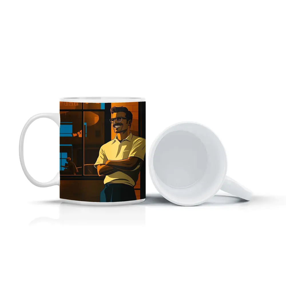 Confident Smiling Man Urban Night Scene – Mugs