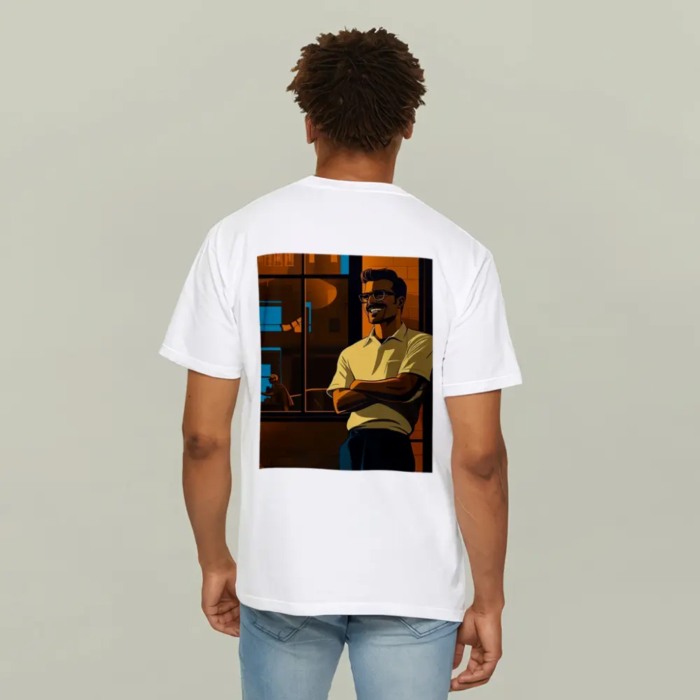 Confident Smiling Man Urban Night Scene – T-Shirts