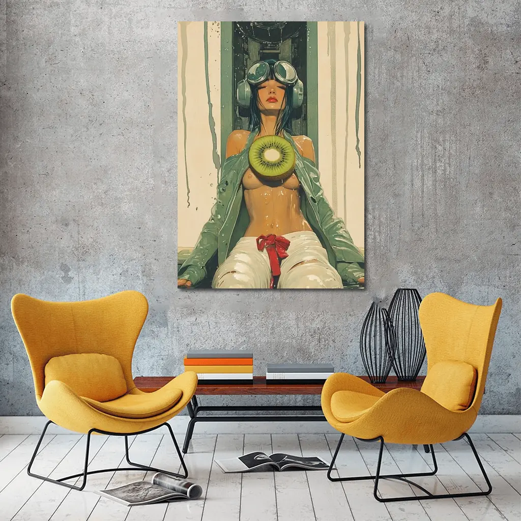 Cyberpunk Woman Holding Kiwi Industrial Background – Wall Art