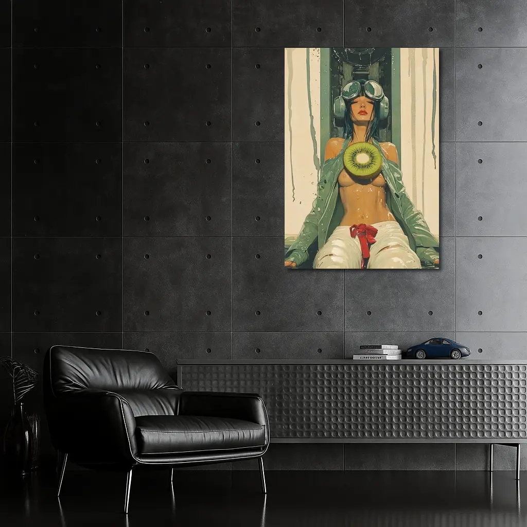 Cyberpunk Woman Holding Kiwi Industrial Background – Wall Art