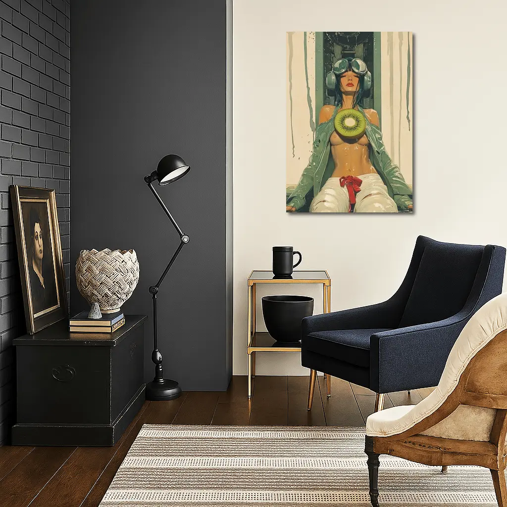 Cyberpunk Woman Holding Kiwi Industrial Background – Wall Art